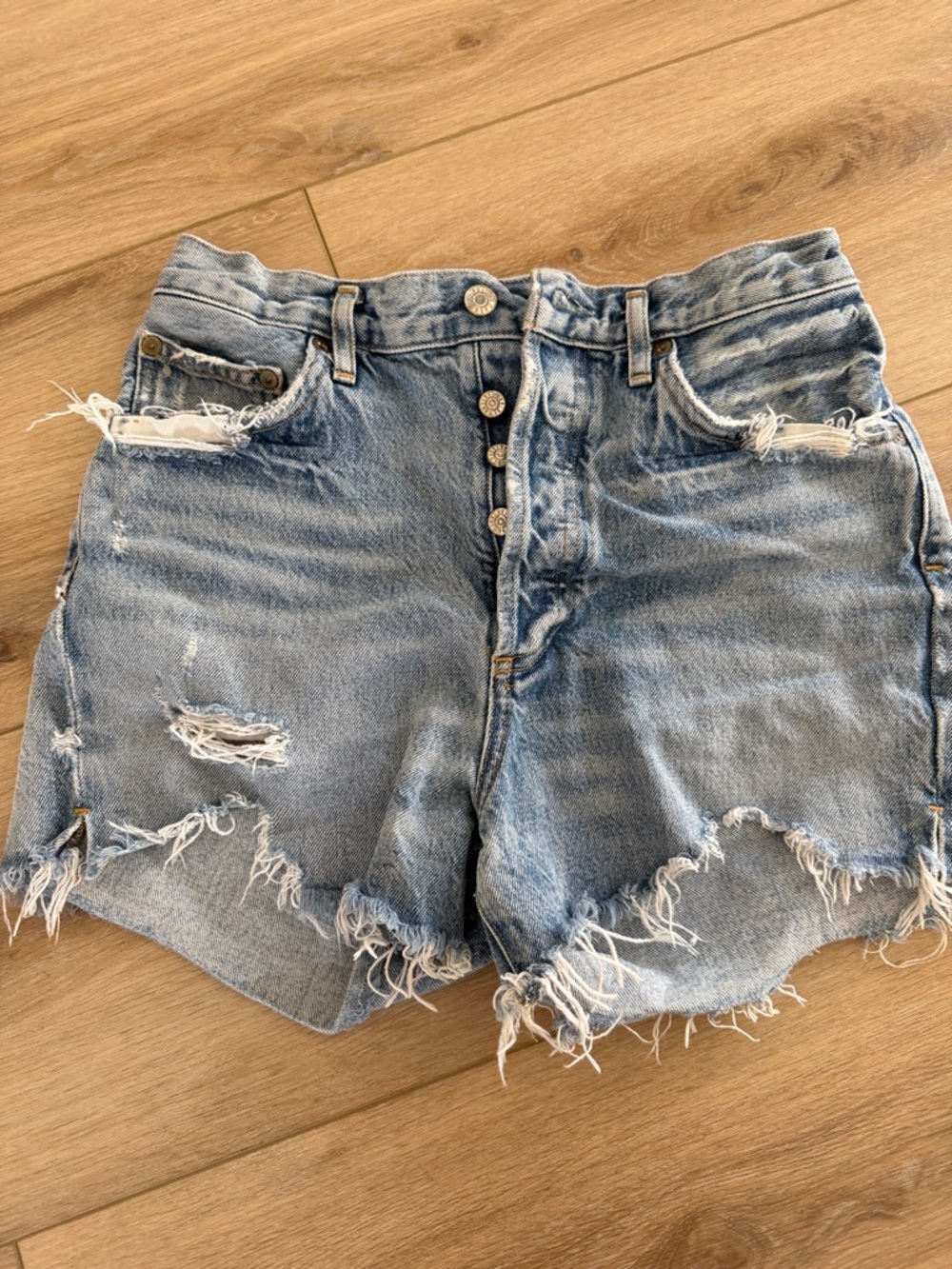 AGOLDE Distressed Light Blue High-Rise Denim Shorts